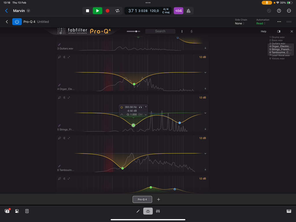 Interface showing multiple instances of the FabFilter Pro-Q 4 equalizer for simultaneous track mixing on an iPad