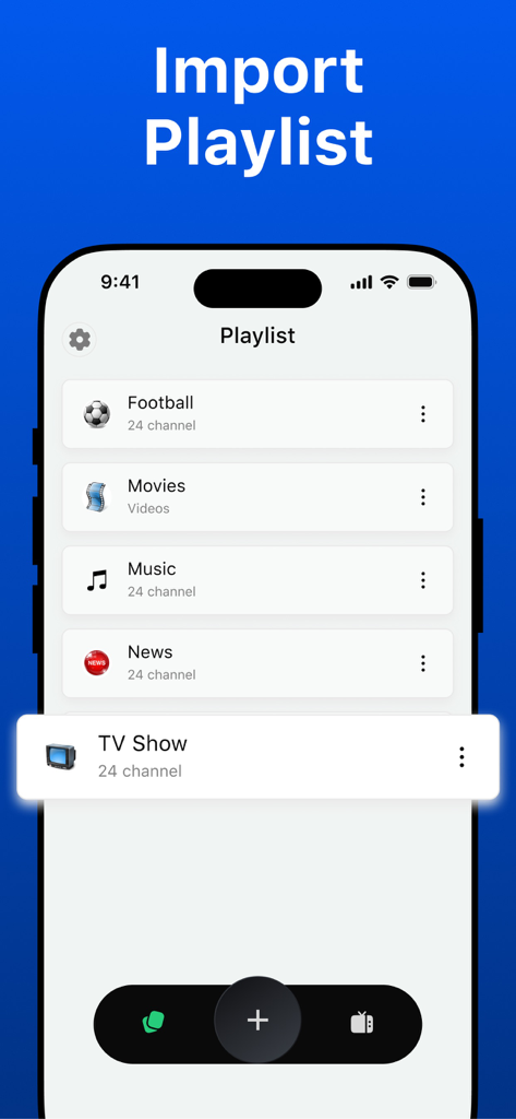 IPTV Smart Player⁺ - Screenshot of the IPTV Smart Player app showing a list of imported media playlists including football movies and news