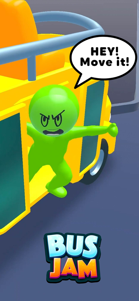 An angry green character on a yellow bus shouting Hey Move it in the Bus Jam mobile game