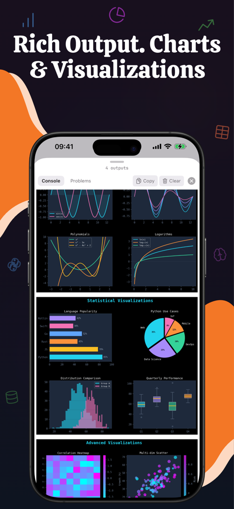 Python - IDE Coding PyNote - PyNote mobile app interface displaying a variety of data visualizations and charts including bar, pie, and line graphs.
