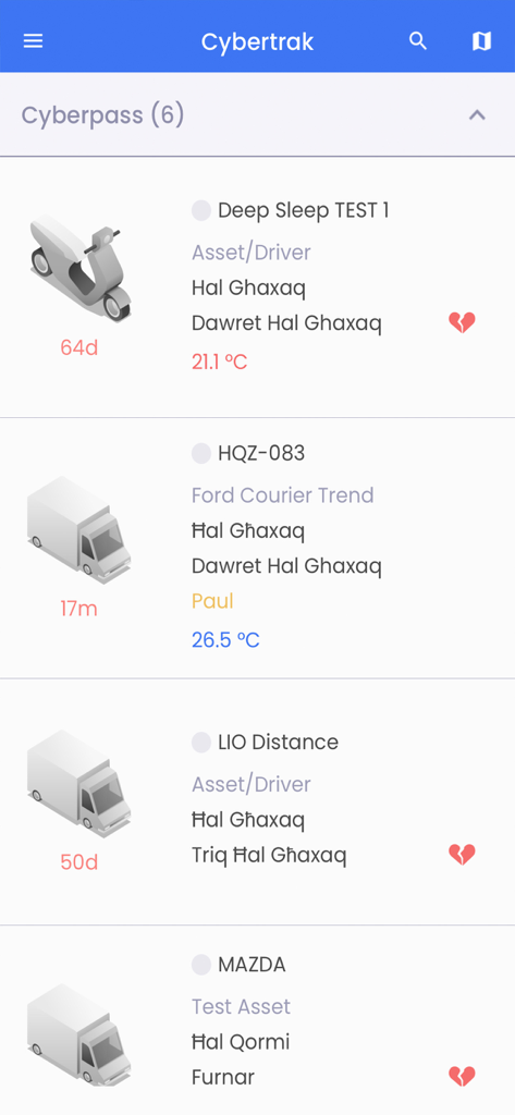 Cybertrak - Cybertrak App-Dashboard mit einer Liste der verfolgten Flottenobjekte, einschließlich LKWs und Rollern, mit ihrem Status und Standort