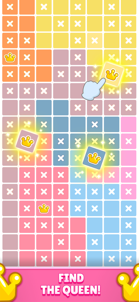 Queendoku: Queen Sudoku Puzzle - Pantalla de juego de Queendoku que muestra una colorida cuadrícula de lógica de puzzle con iconos de corona y el texto Encuentra la Reina.