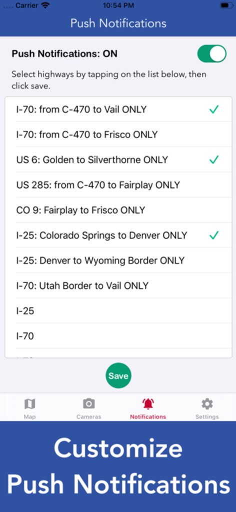 Customizable push notification settings for Colorado road alerts and highway conditions