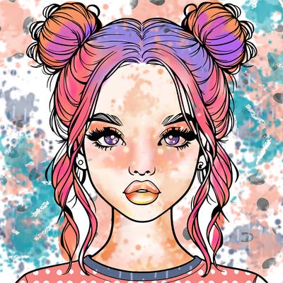 realistic girl with two buns in hair and lips