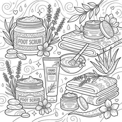 Unwind with this delightful coloring page featuring an array of hand and foot treatment essentials, perfect for a virtual spa day. Discover soothing creams, invigorating scrubs, and calming botanicals waiting for your creative touch.