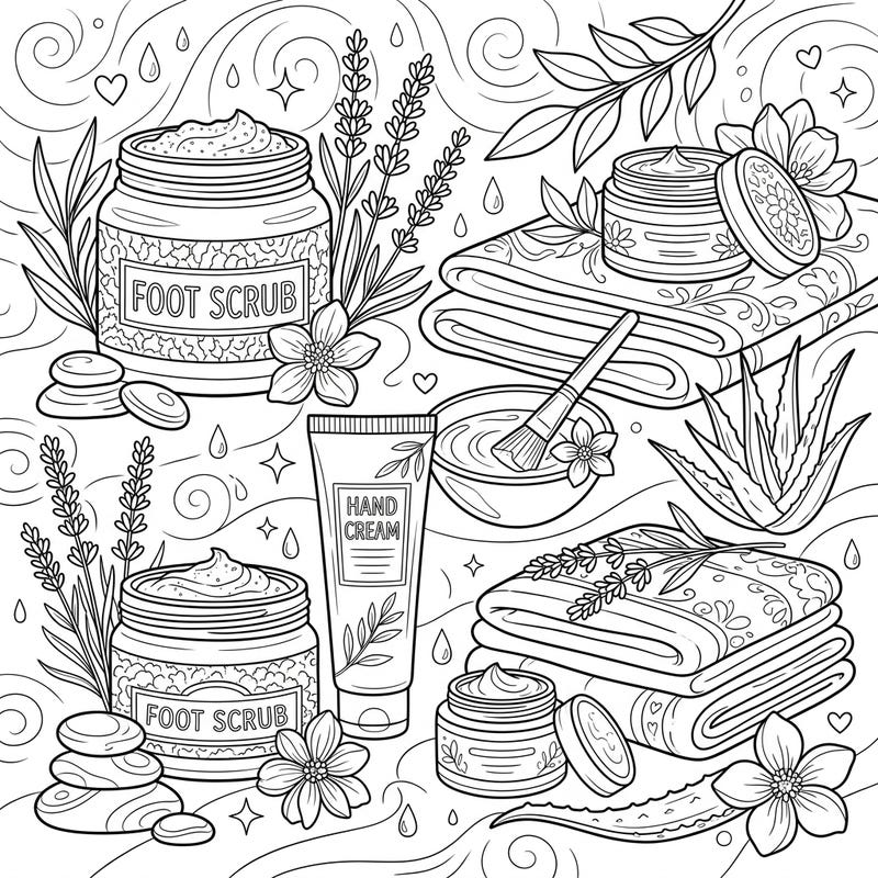 Unwind with this delightful coloring page featuring an array of hand and foot treatment essentials, perfect for a virtual spa day. Discover soothing creams, invigorating scrubs, and calming botanicals waiting for your creative touch.
