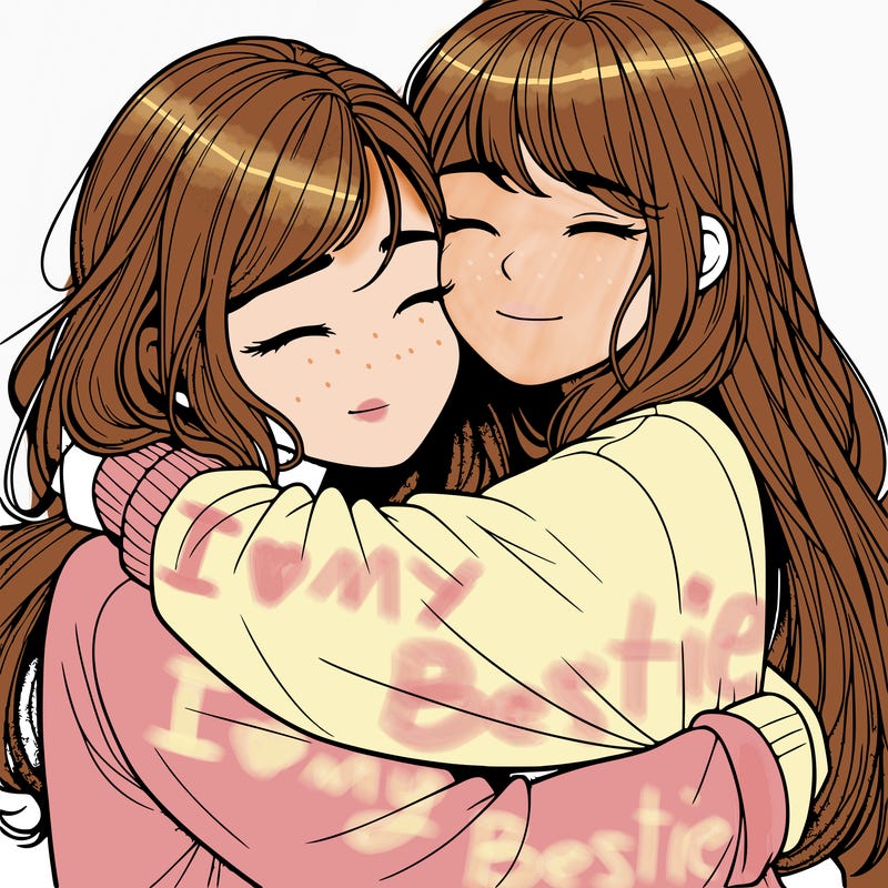 realistic two girls hugging