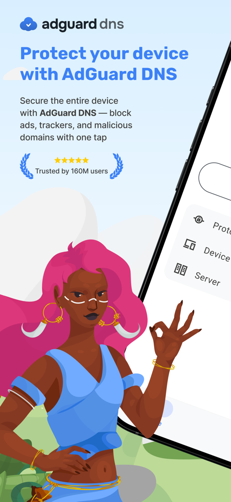 AdGuard DNS - AdGuard DNS mobile app showing features to block ads and trackers on a device
