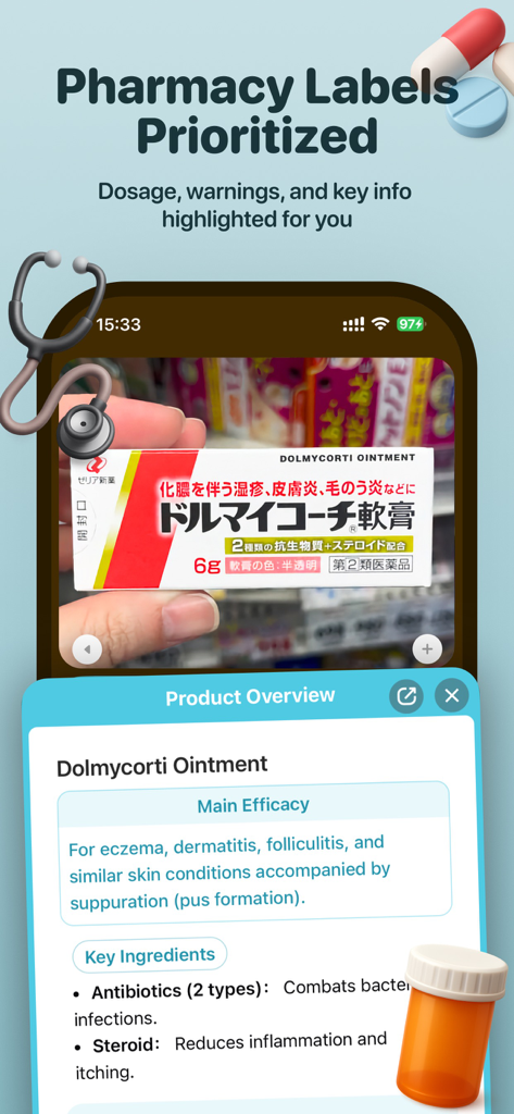 Kuli Kuli app interface translating a Japanese pharmacy label into English with product overview and ingredients.