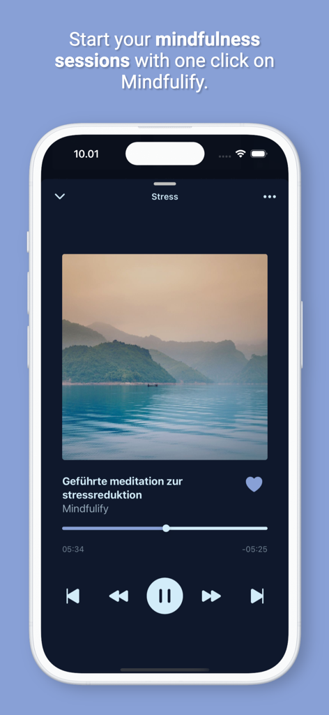 Mindfulness App - Mindfulify - Mindfulify app interface showing a guided meditation session for stress relief with a serene lake background