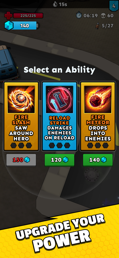 Bionics - Ability selection menu in Bionics game featuring Fire Slash Reload Strike and Fire Meteor skills