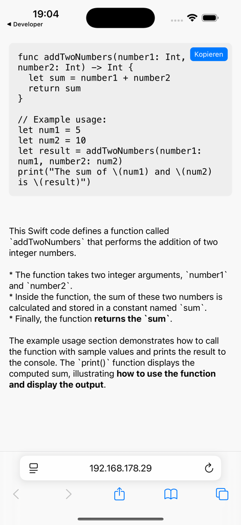 Developer-PRO - AI generated explanation of a Swift code snippet within the Developer-PRO mobile app interface