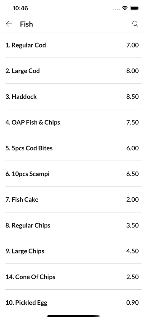 Ocean Fish & Chips And Kebab - Menübildschirm der mobilen App Ocean Fish and Chips mit einer Liste von Fisch- und Chips-Gerichten mit ihren Preisen