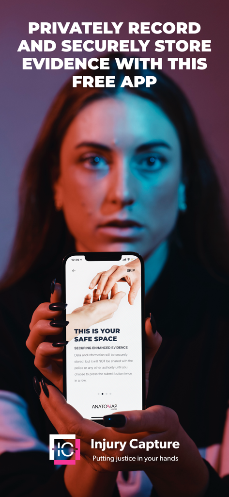 Injury Capture - A woman holding a smartphone displaying the Injury Capture app interface for secure evidence storage