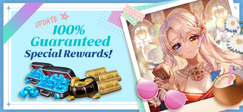 Game of Dice: Board&Card&Anime - Game of Dice promotional banner featuring an anime character and guaranteed special rewards like gems and gold
