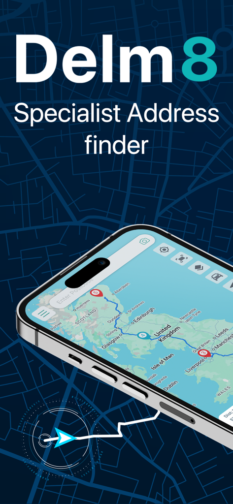 Delm8 specialist address finder app showing a route map of the UK on a smartphone