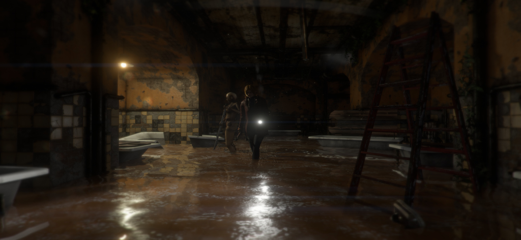 Rose Hawkins using a flashlight in a dark flooded room with bathtubs in Forgotten Memories Remastered.