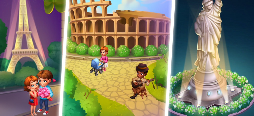 Cooking Rage - Restaurant Game - Ilustraciones de dibujos animados de monumentos globales, incluida la Torre Eiffel, el Coliseo y la Estatua de la Libertad