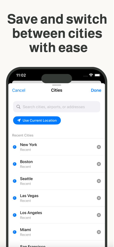 Weather Dialアプリ画面。複数の場所を検索・保存するオプションを含む、都市管理リストを表示。