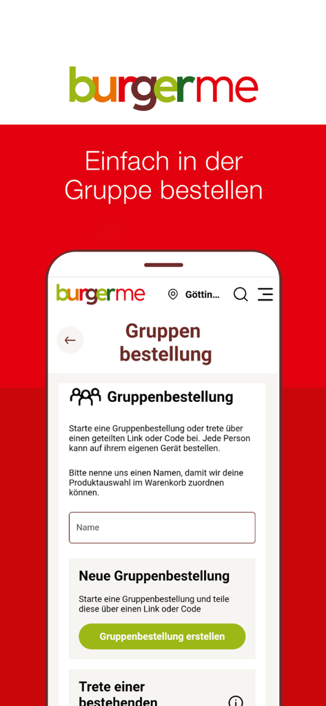burgerme - Interface of the burgerme app showing the group ordering feature on a smartphone screen.