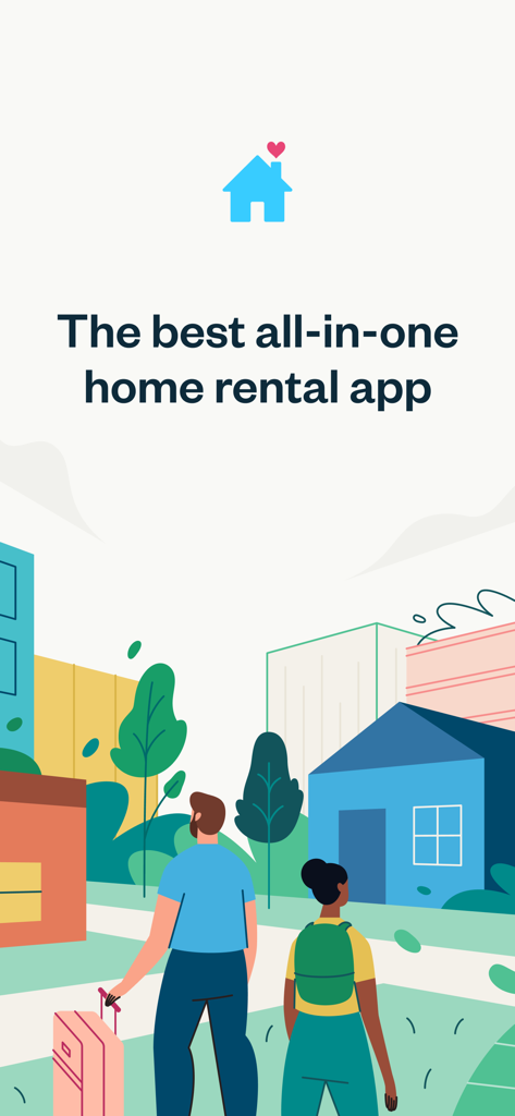 A colorful neighborhood illustration with the text The best all-in-one home rental app.