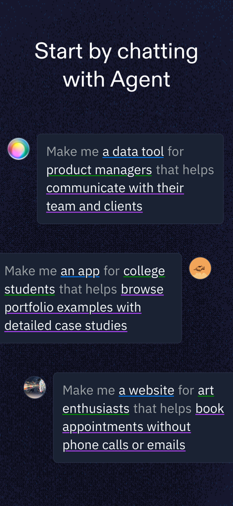 Interface montrant des invites en langage naturel pour créer des applications et des sites web en discutant avec Replit Agent