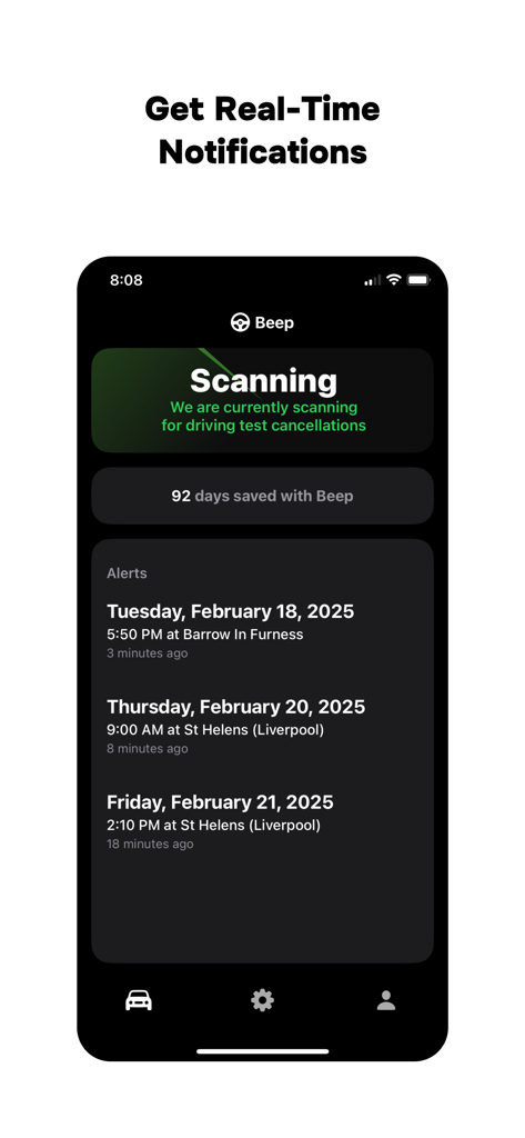 Beep app interface displaying real-time alerts for available driving test cancellation slots in various UK locations