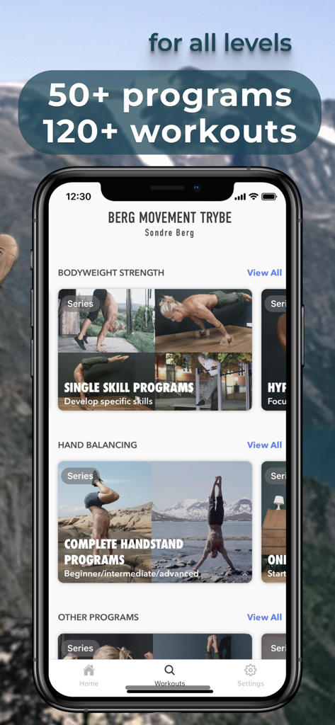 Berg Movement - Berg Movement app dashboard showing various bodyweight strength and hand balancing workout programs