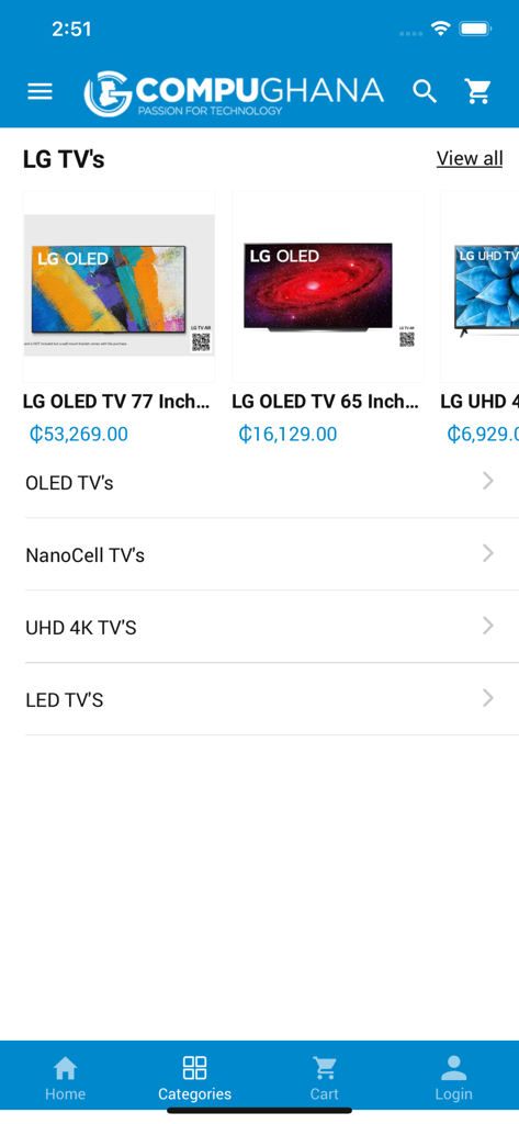 CompuGhana LTD - Elenco prodotti di TV LG nella schermata delle categorie dell'app mobile CompuGhana