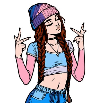 realistic teenage girl with braids and a beanie and crop top doing 🫶🏼