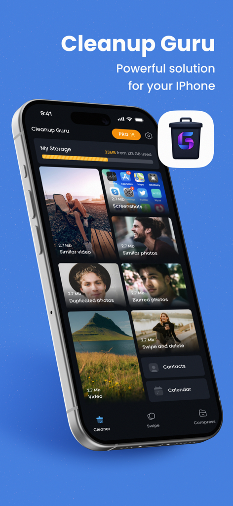 Free Up Storage - Cleanup Guru - Tableau de bord de l'application Cleanup Guru montrant les fonctionnalités pour supprimer les photos en double et gérer le stockage de l'iPhone.