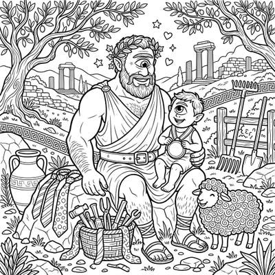 Dive into an extraordinary Father's Day celebration with this unique coloring page featuring a loving Cyclops father and his adorable son. Set amidst ancient Greek ruins, this scene blends mythical charm with heartfelt paternal bonds, perfect for a creative tribute to Dad.