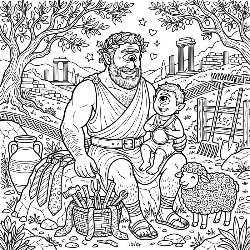 Dive into an extraordinary Father's Day celebration with this unique coloring page featuring a loving Cyclops father and his adorable son. Set amidst ancient Greek ruins, this scene blends mythical charm with heartfelt paternal bonds, perfect for a creative tribute to Dad.