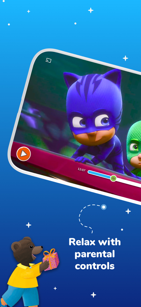 Kidjo TV app showing a cartoon character and parental control settings