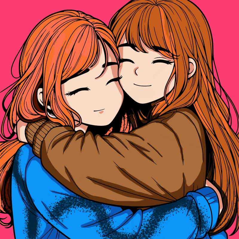 realistic two girls hugging