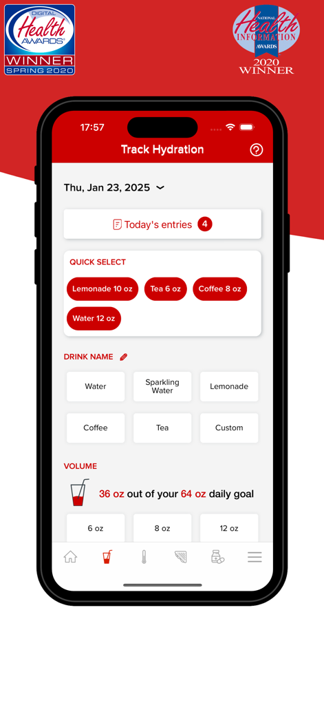 Screenshot of the hydration tracking interface in the Blood Cancer United Health App showing beverage quick-select buttons and daily goal progress.
