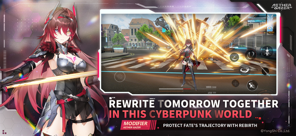 Aether Gazer - Anime character performing a powerful skill attack in a city street within the Aether Gazer mobile game.