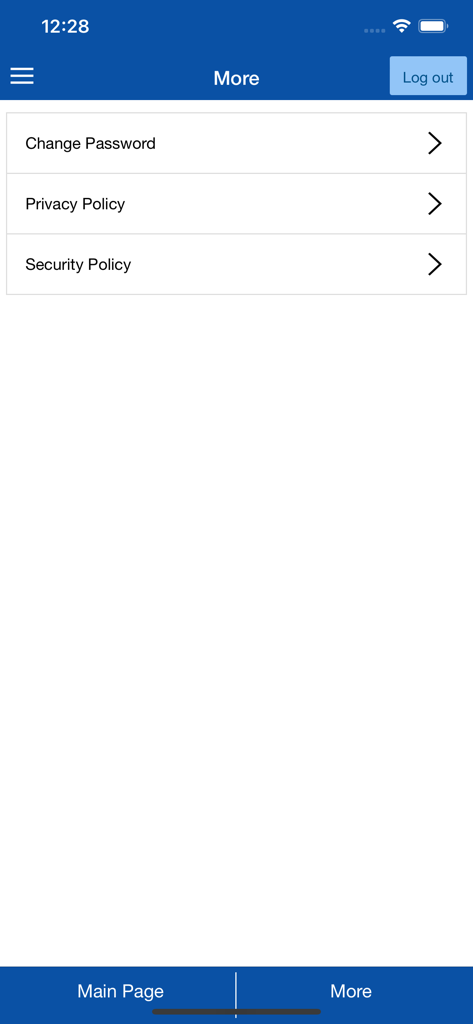 CUonline - CUonline app more menu showing options for change password privacy policy and security policy