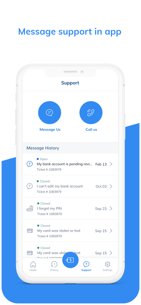 Support-Seite der Brightwell Navigator App mit Messaging- und Anrufoptionen sowie dem Verlauf von Support-Tickets.