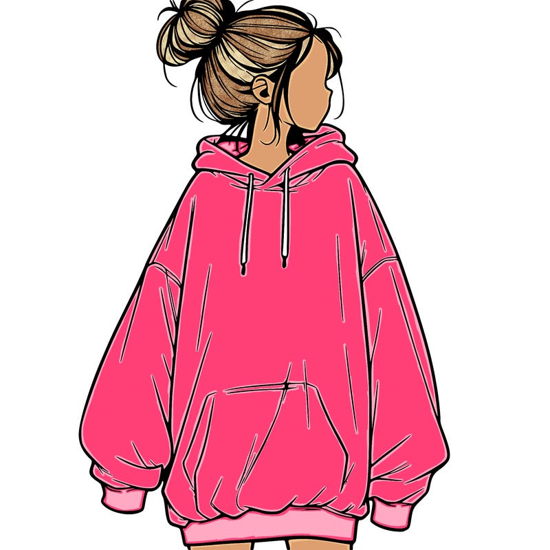 realistic girl with a oversized sweatshirt on and a bun