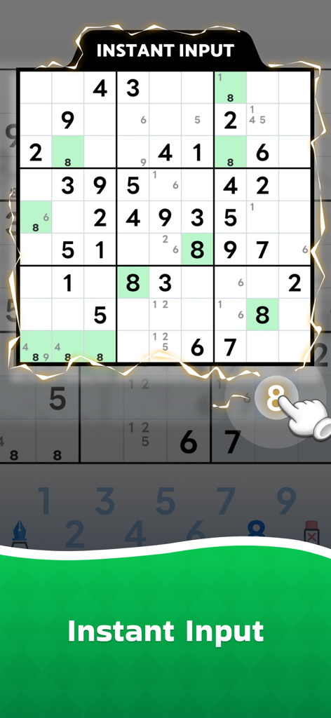 Sudoku Now! - Interfaz de la aplicación Sudoku Ahora mostrando el modo de entrada instantánea para la resolución rápida de puzzles