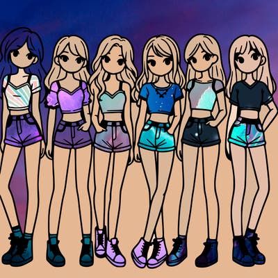 a group of girls wearing crop tops and shorts