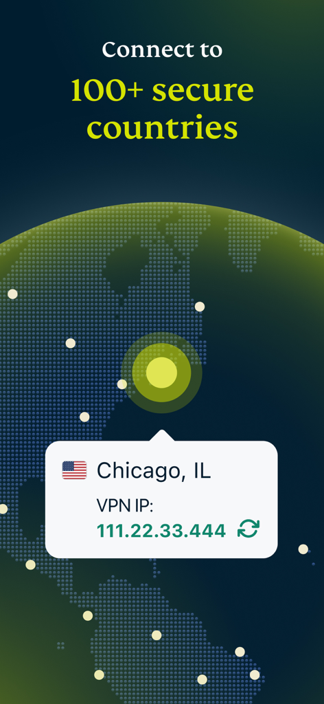 デジタルグローブマップ上でシカゴイリノイへの安全なサーバー接続を示すExpressVPNアプリ。