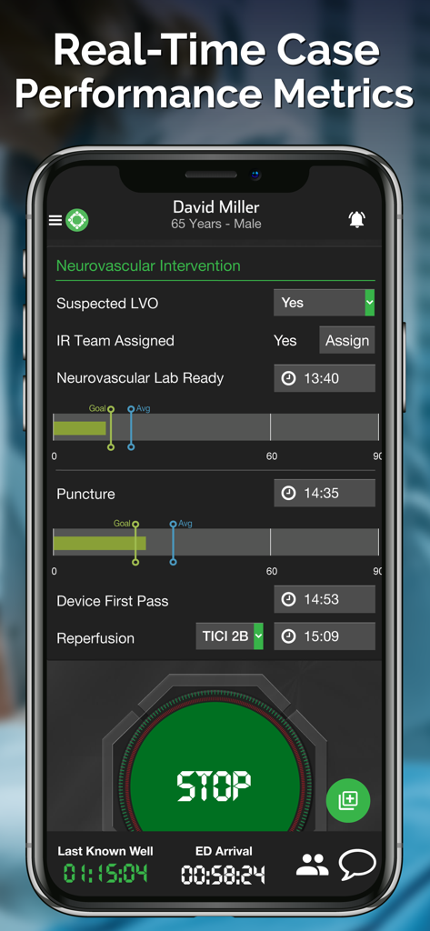 Pulsara: Medical Communication - Interface of Pulsara app showing real-time case performance metrics for a neurovascular intervention