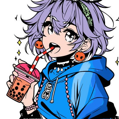 hot baddie anime girl drinking boba and biting the straw