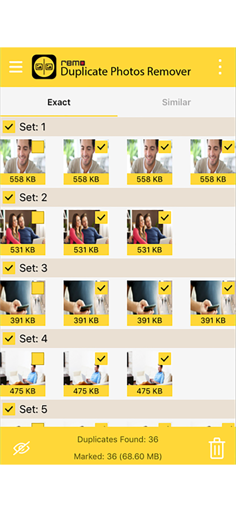 Remo Duplicate Photos Remover app interface showing sets of identical images grouped for deletion