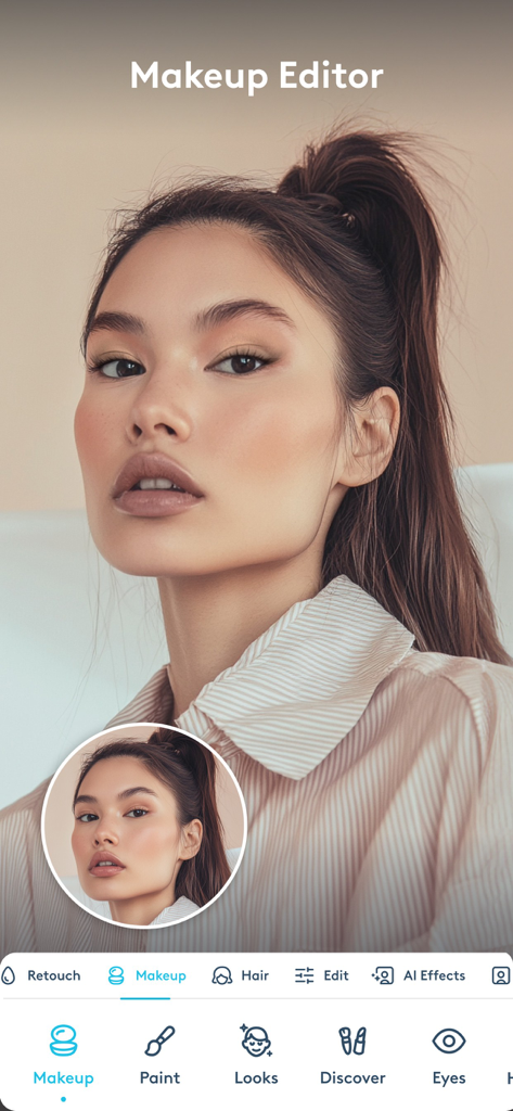 The Facetune app makeup editor interface featuring a woman's portrait with virtual makeup effects.