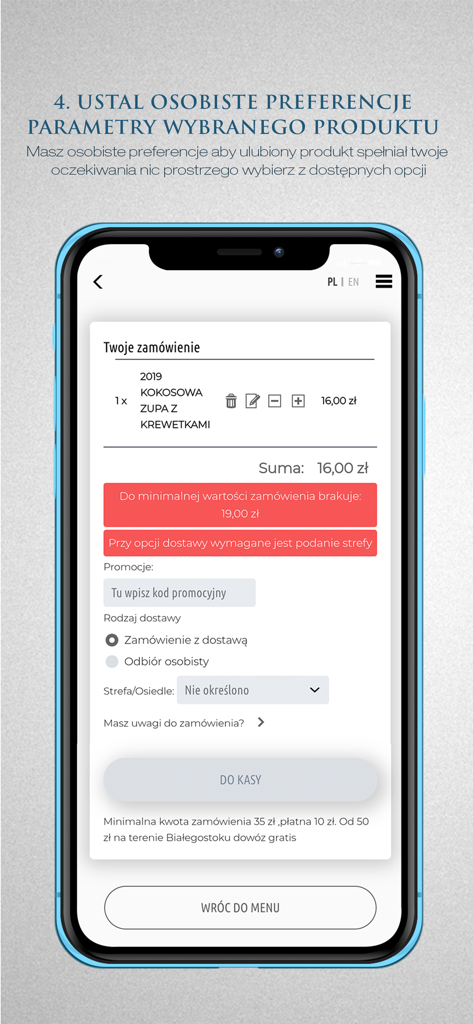 Koku Sushi - Pantalla de pago de la app Koku Sushi que muestra un resumen del pedido con sopa de camarones de coco y opciones de entrega.