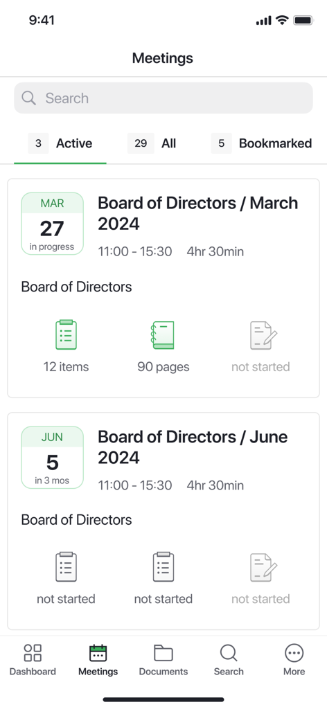 Ideals Board - Eine mobile Benutzeroberfläche, die eine Liste geplanter Vorstandssitzungen mit Daten und Agenden anzeigt.