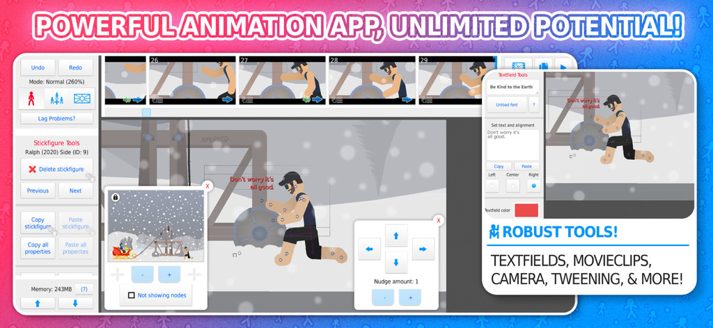 Stick Nodes - Animator - Stick Nodesアプリのインターフェース。棒人間キャラクターのアニメーション作成ツールと編集機能を表示。
